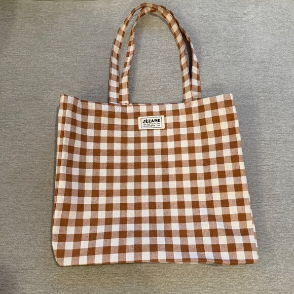 Sezane Vichy Gingham Tote in Brown - Picture 1 of 6